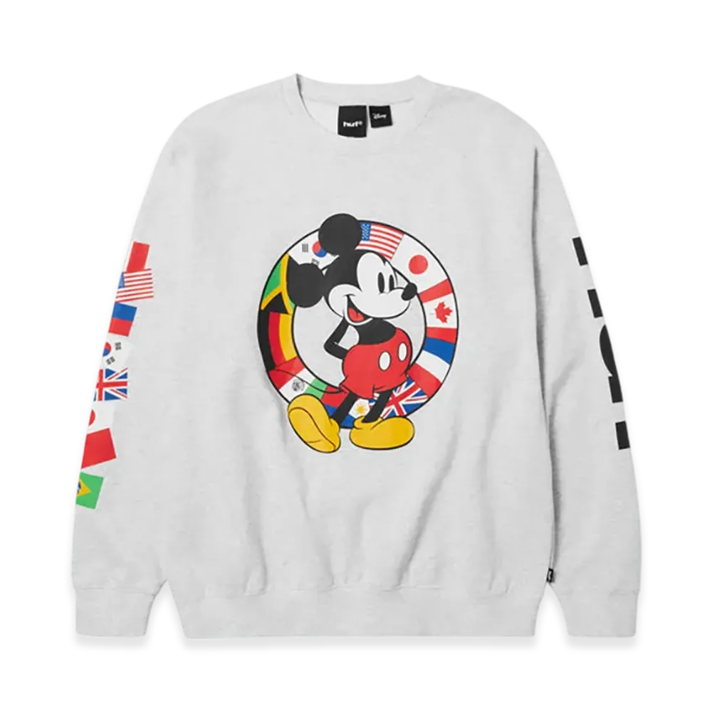 HUF x Disney Mickey Mouse Mickey Worldwide Tour Crewneck "Heather Grey"