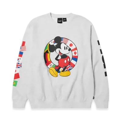 HUF x Disney Mickey Mouse Mickey Worldwide Tour Crewneck "Heather Grey"