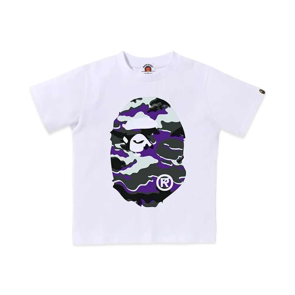 A BATHING APE Kids Glitch Woodland Camo Big Ape Head Tee "White/Purple"