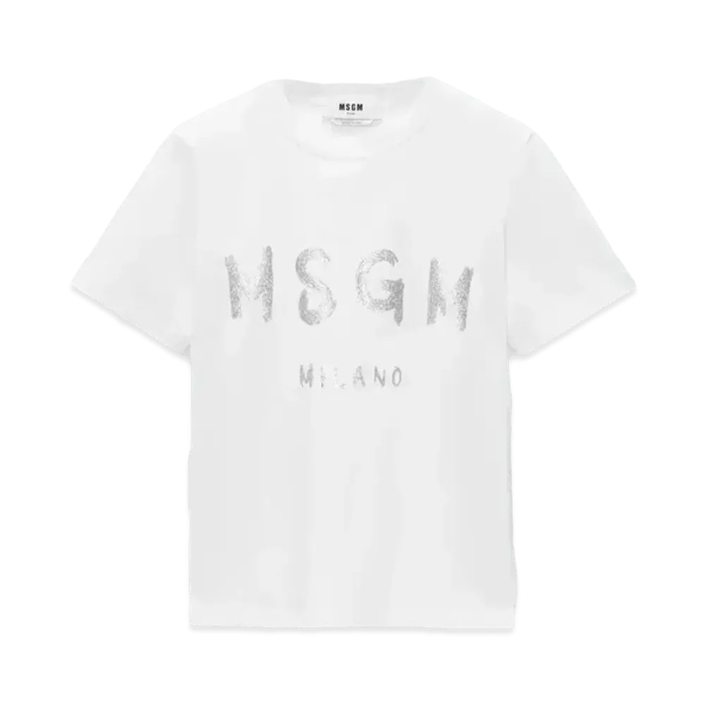 MSGM Jersey T-Shirt With Glitter Brushstroke Logo "White"