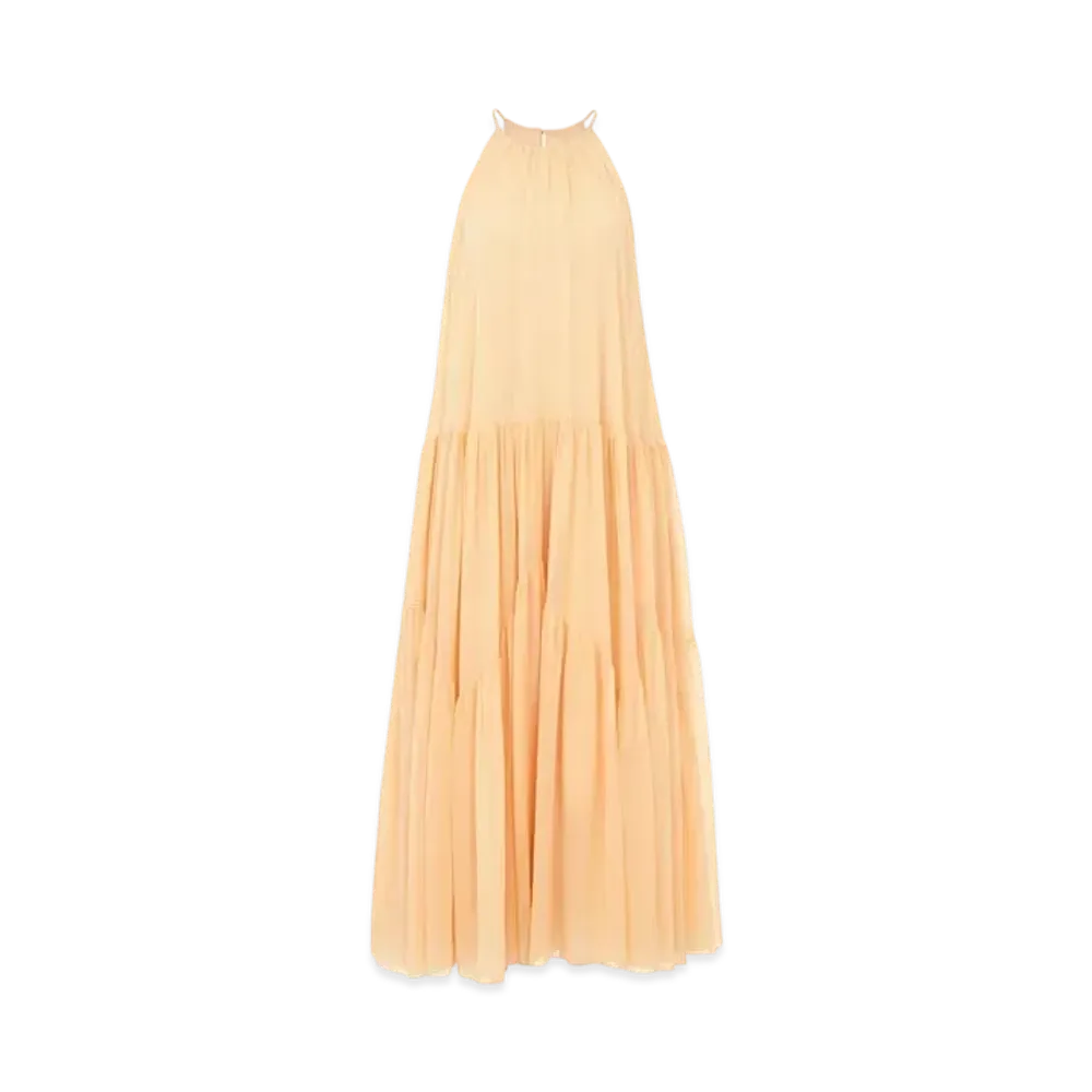 Chloe Long Gathered Sun Dress In Silk Georgette "Clay Pink"