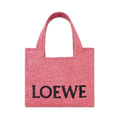 LOEWE Mini Loewe Font Tote In Raffia "Sunset Pink"
