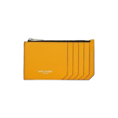 Saint Laurent Fragments Zipped Credit Card Case In Grain De Poudre Embossed Leather "Dark Jaune"