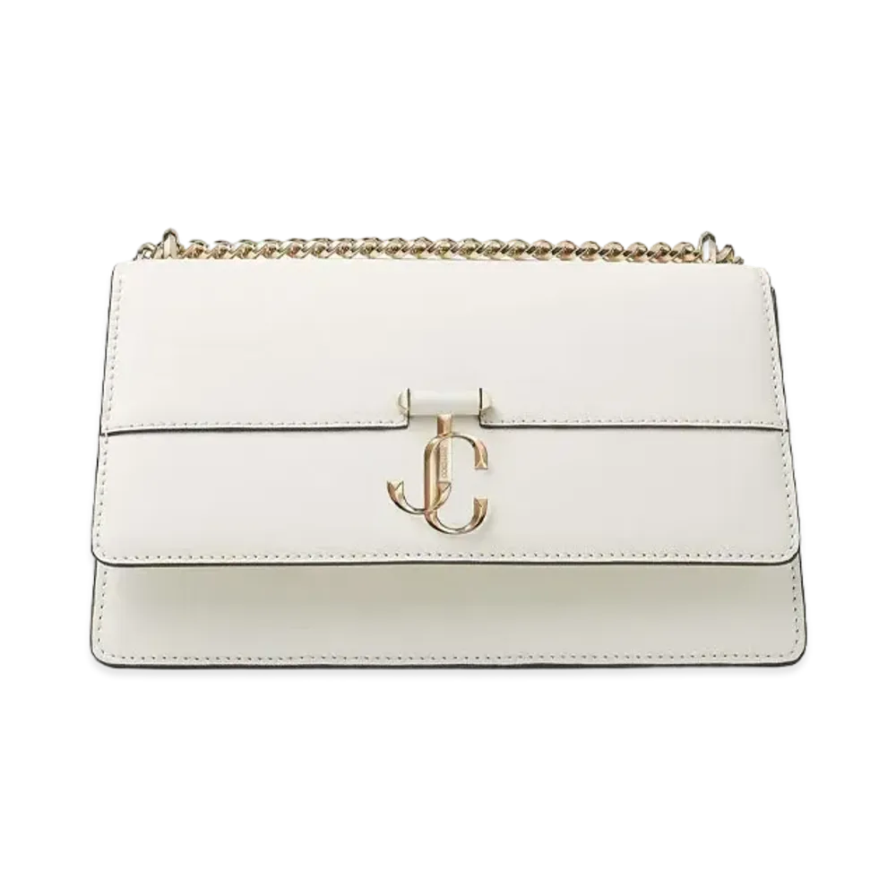 JIMMY CHOO VARENNE SHOULDER Light Gold JC Logo With Fine Shiny Curf Leather Shoulder Bag "Latte"