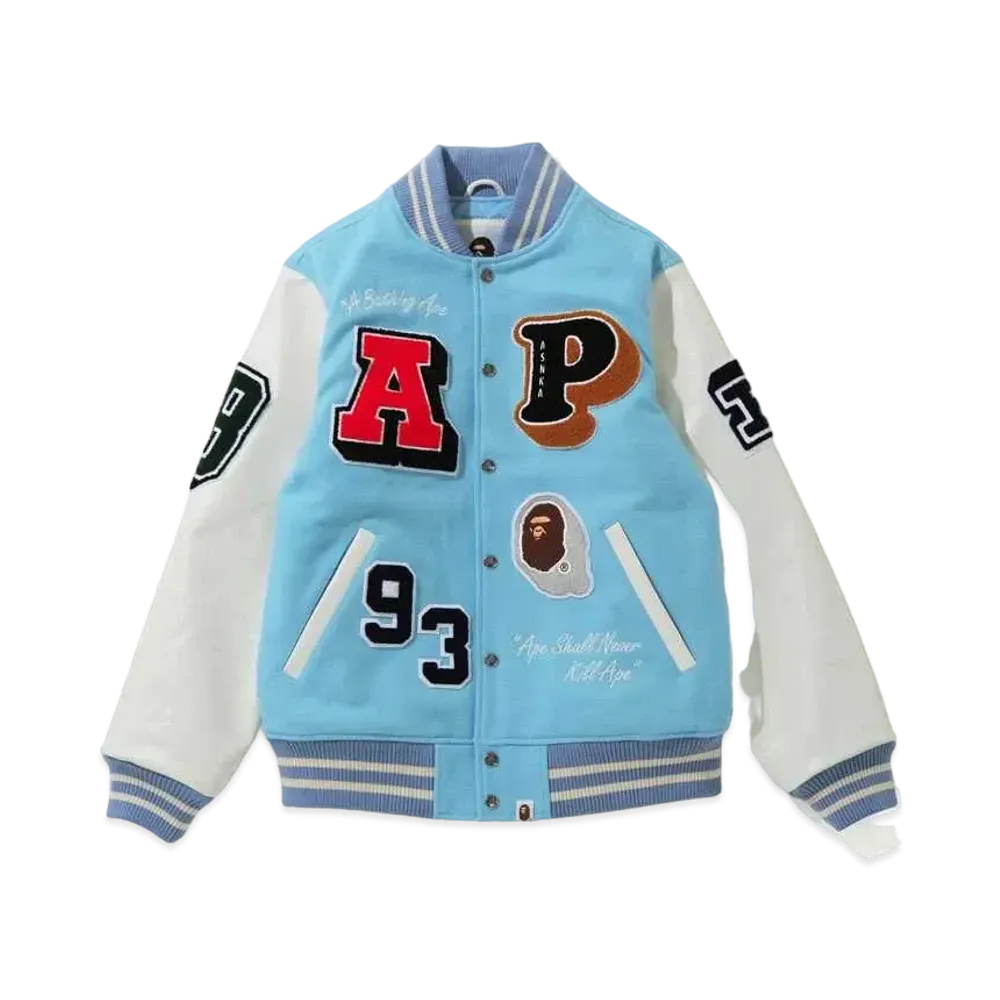 A BATHING APE CRAZY PATCH VARSITY JACKET "Sax"