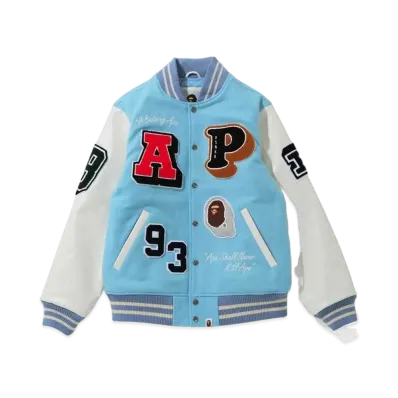 A BATHING APE CRAZY PATCH VARSITY JACKET "Sax"