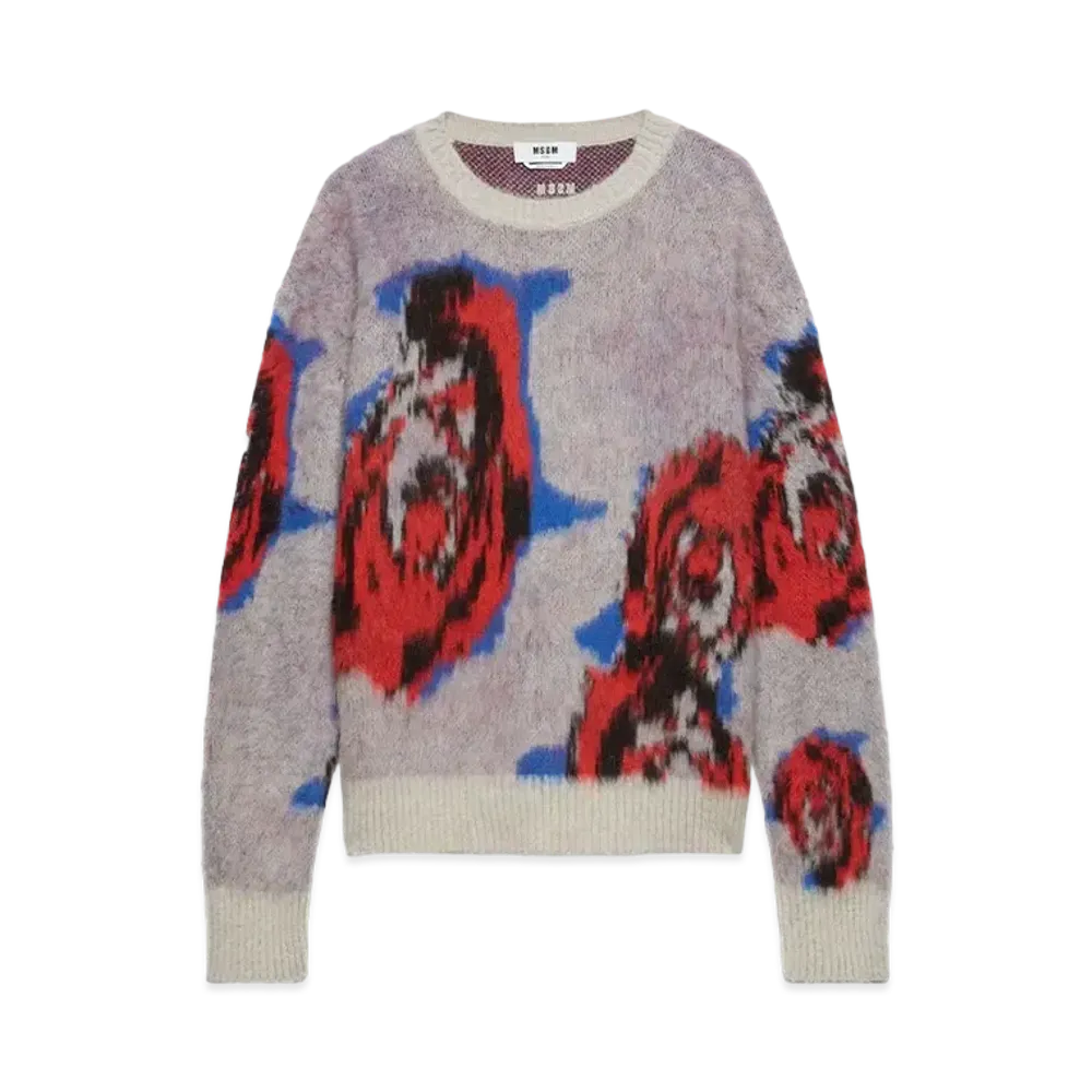 MSGM Underground Pixelled Roses Blended Wool Mohair Sweater "White"