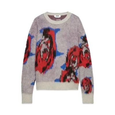 MSGM Underground Pixelled Roses Blended Wool Mohair Sweater "White"