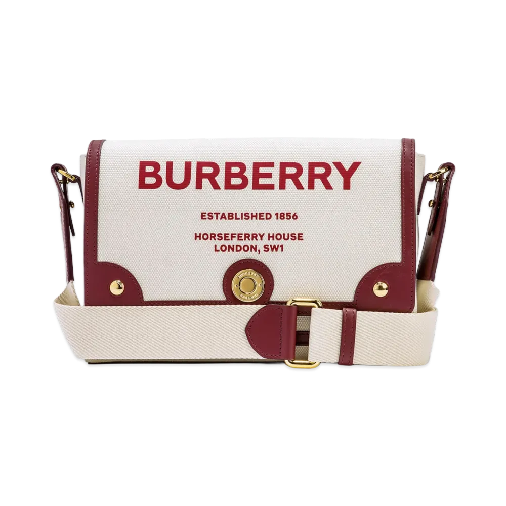 Burberry Horseferry Print Canvas Note Crossbody Bag "Natural/Garnet"
