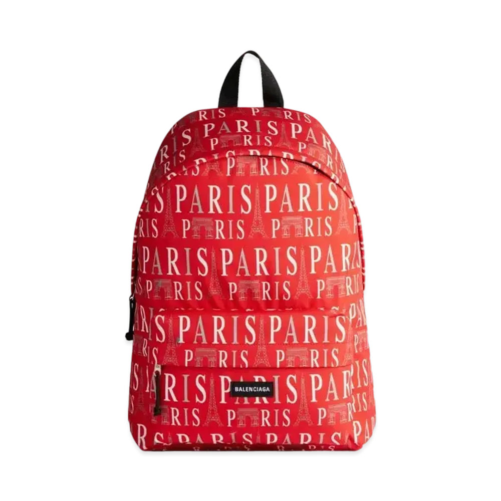 BALENCIAGA Explorer Backpack in Paris Allover Logo Printed Recycled Nylon "Red"