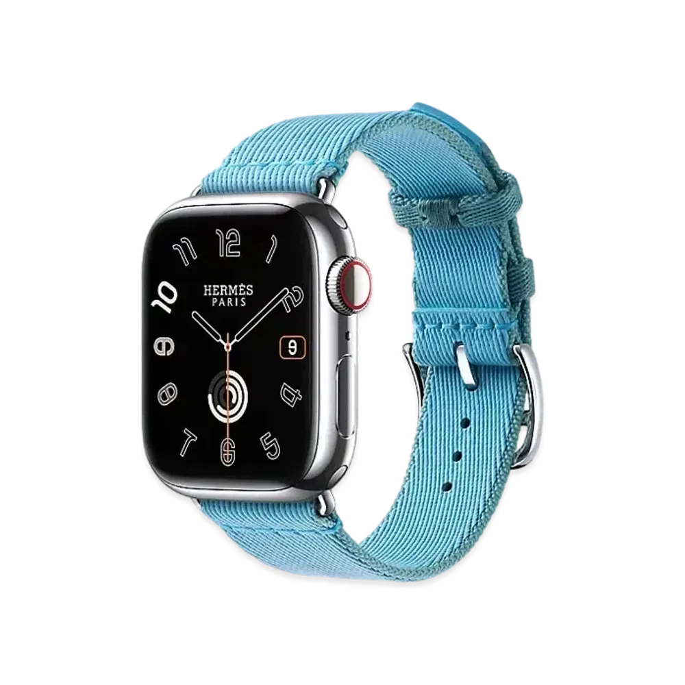 Apple Watch x Hermes Series 9 (GPS + Cellular Model) Stainless 41mm and Single Tour Twill Jump "Bleu Celeste/Bleu Jean"