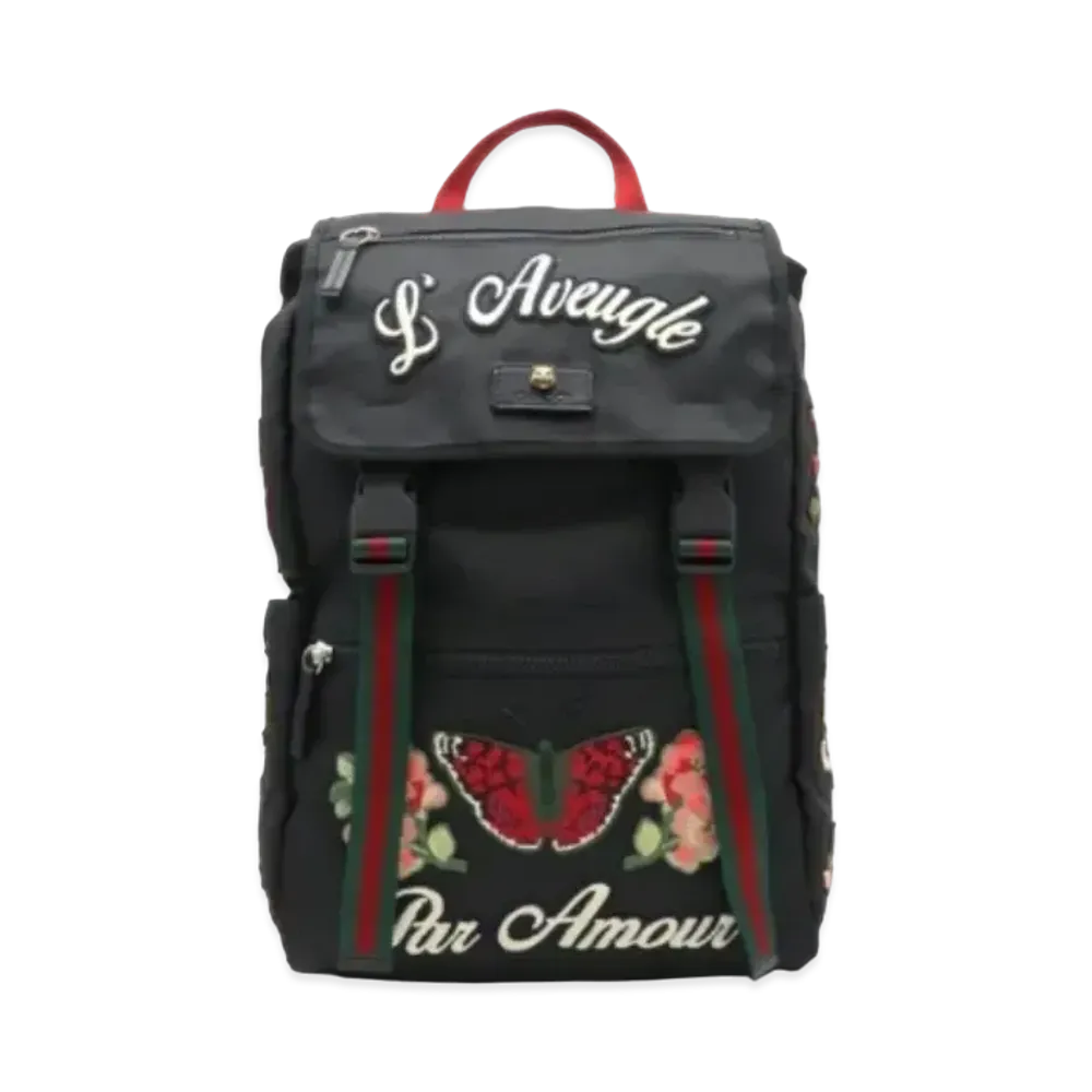GUCCI Techno Canvas Backpack Cat Head Leather "Black"