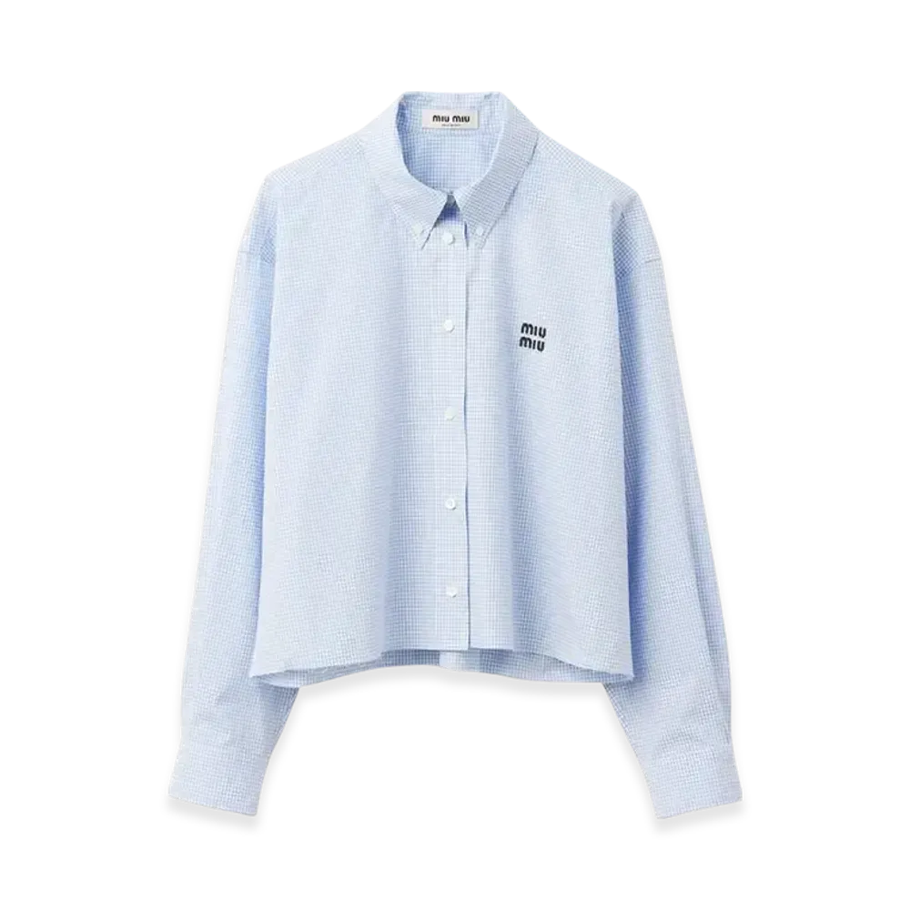 MIU MIU Women's Gingham Check Raw Cut Poplin Shirt "White/Light Blue"