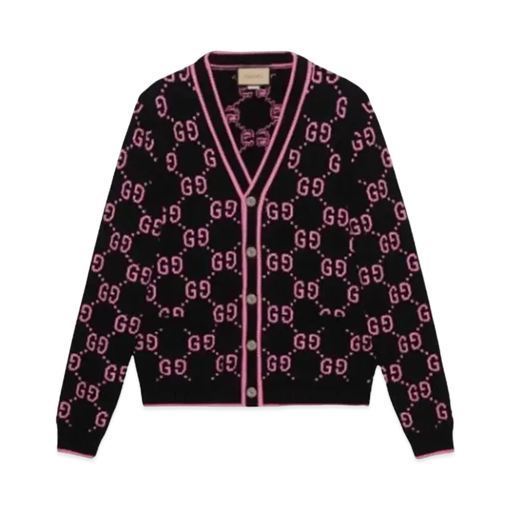 GUCCI Men's GG Knit Cotton Jacquard Cardigan "Black/Pink"