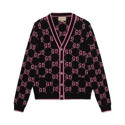 GUCCI Men's GG Knit Cotton Jacquard Cardigan "Black/Pink"