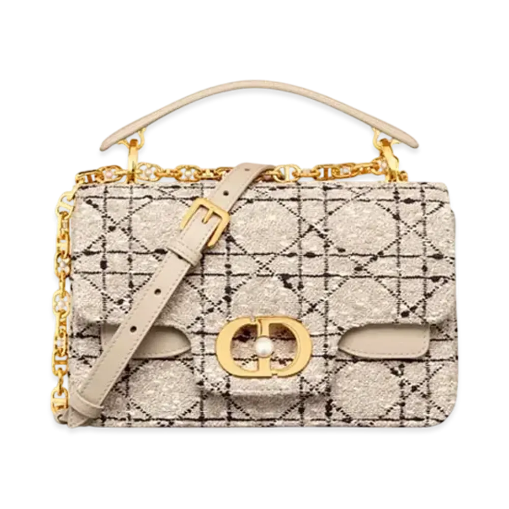 Dior Small Dior Jolie Top Handle Bag Tweed with Cannage Motif "Black/Natural/White"