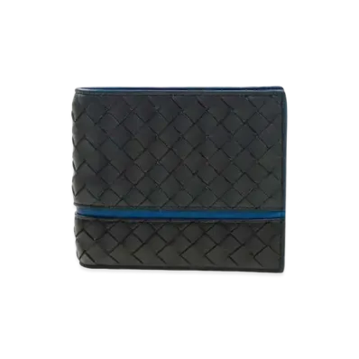 Bottega Veneta Intrecciato Lambskin Bi-fold Wallet Triple Colour "Gray/Blalck/Blue "