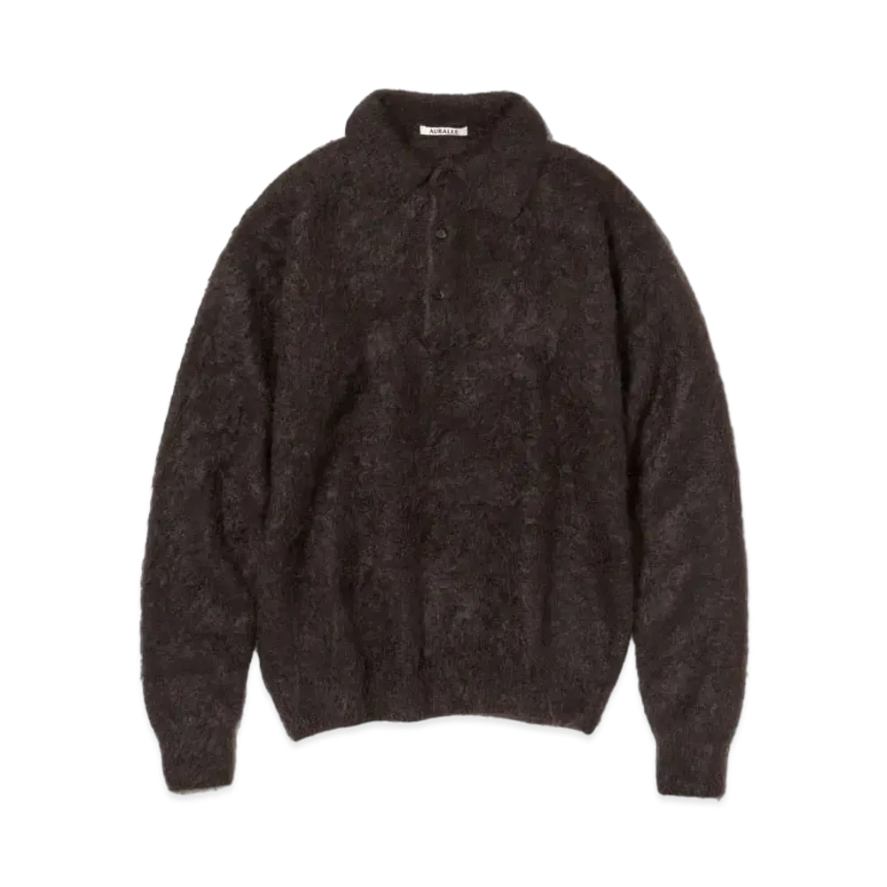 AURALEE BRUSHED SUPER KID MOHAIR KNIT POLO "Dark Brown"