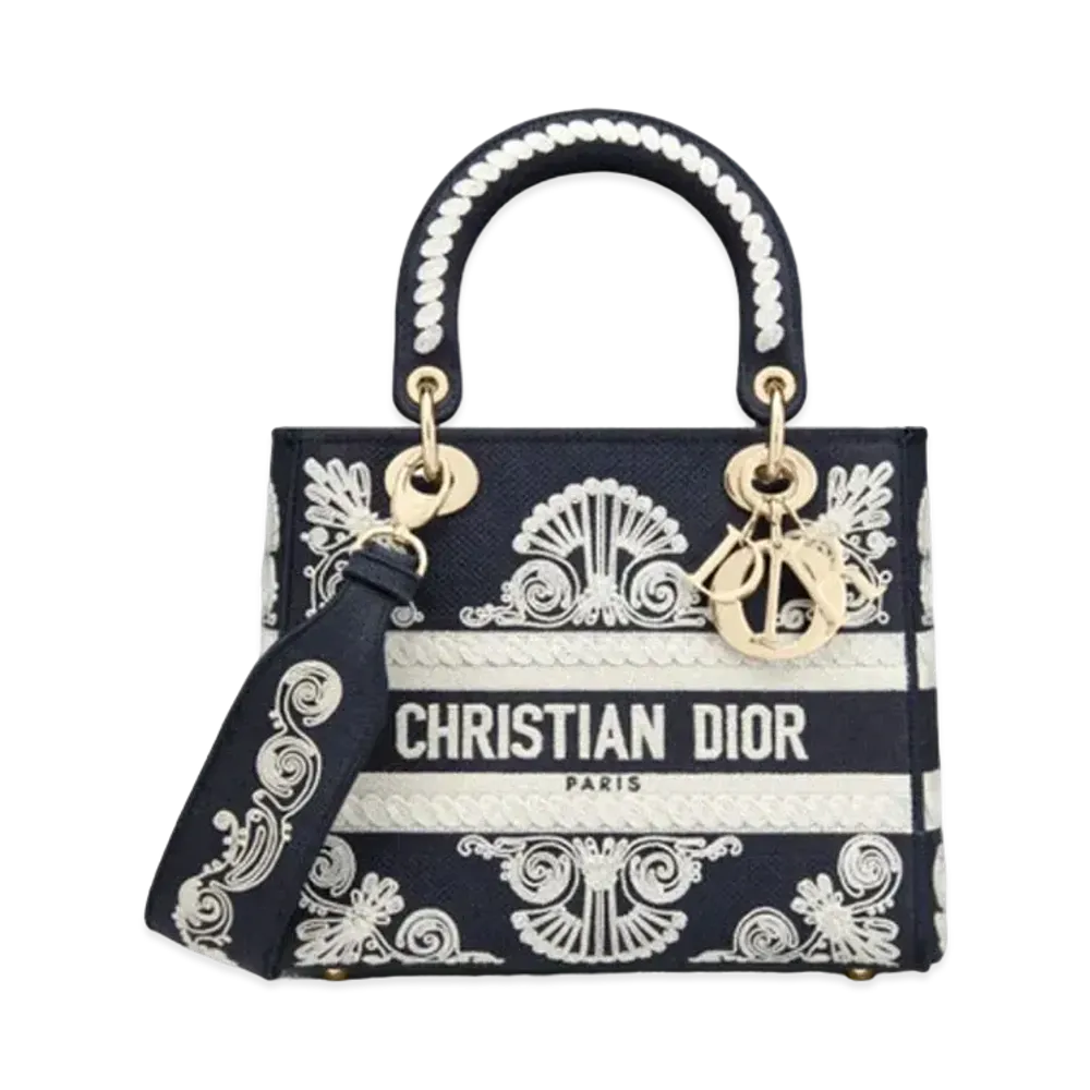 Dior Medium Lady D-Lite Bag Blue and White Cornely-Effect Embroidery "Navy"