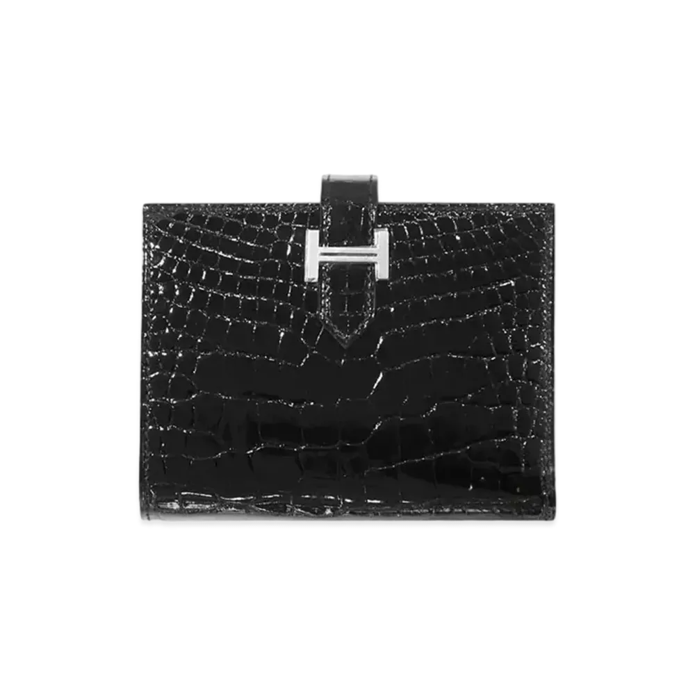 Hermes Bearn Compact Crocodile Alligator "Noir/Silver"