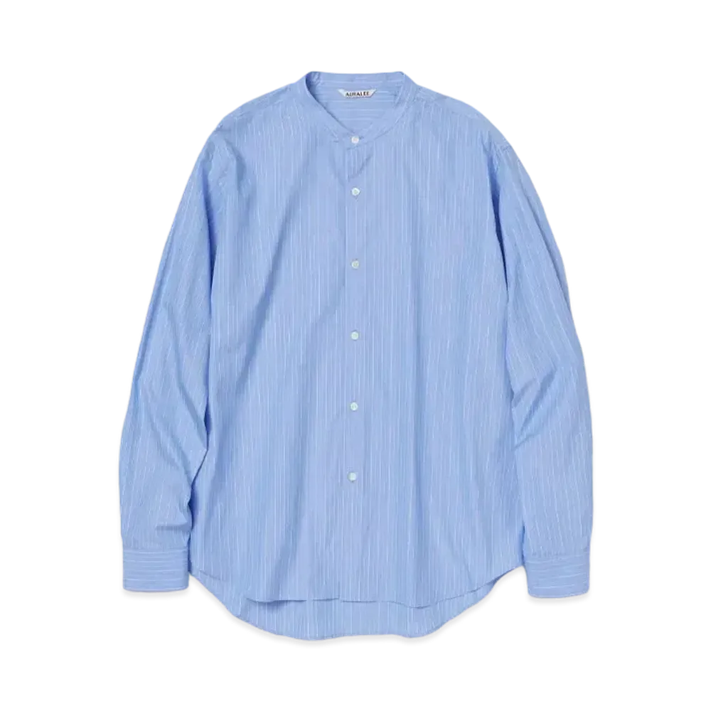 AURALEE SUVIN High Count Cloth Stripe Stand Collar Shirt "Sax Blue"