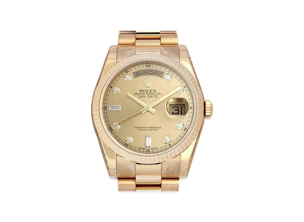 ROLEX Daydate 8P Diamonds/2P Baguette Diamonds "Champagne/Yellow Gold"
