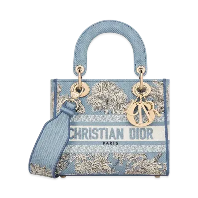 Dior Dioriviera Small Lady D-Lite Bag Toile de Jouy Palms Embroidery "Celestial Blue/White"