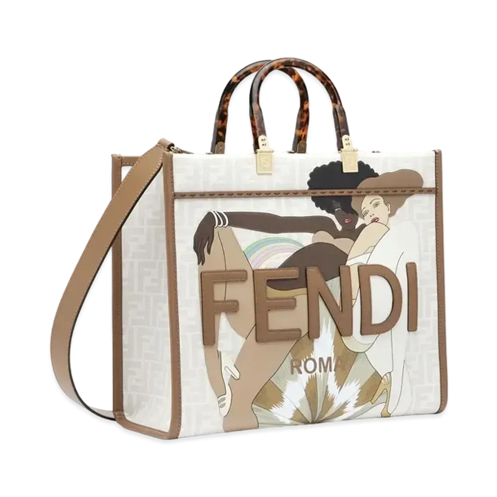 FENDI Fendi Sunshine Medium FF Glaze Fabric Shopper Inlay "White"