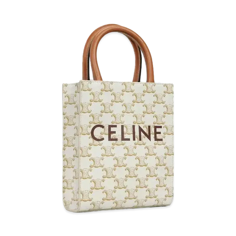 CELINE Mini Vertical Cabas In Triomphe Canvas and Calfskin With Celine Print "White"
