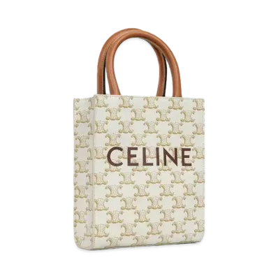 CELINE Mini Vertical Cabas In Triomphe Canvas and Calfskin With Celine Print "White"