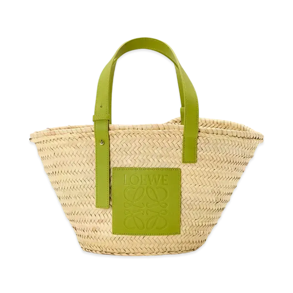 LOEWE Small Basket Bag In Palm Leaf and Calfskin "Natural/Meadow Green"