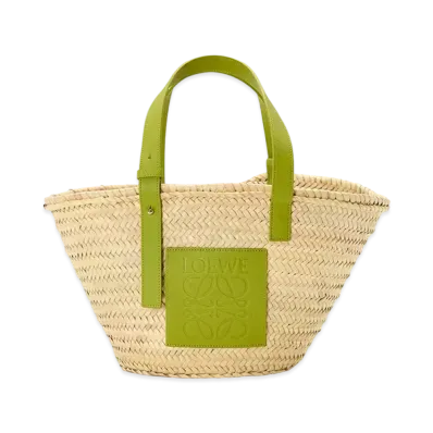 LOEWE Small Basket Bag In Palm Leaf and Calfskin "Natural/Meadow Green"