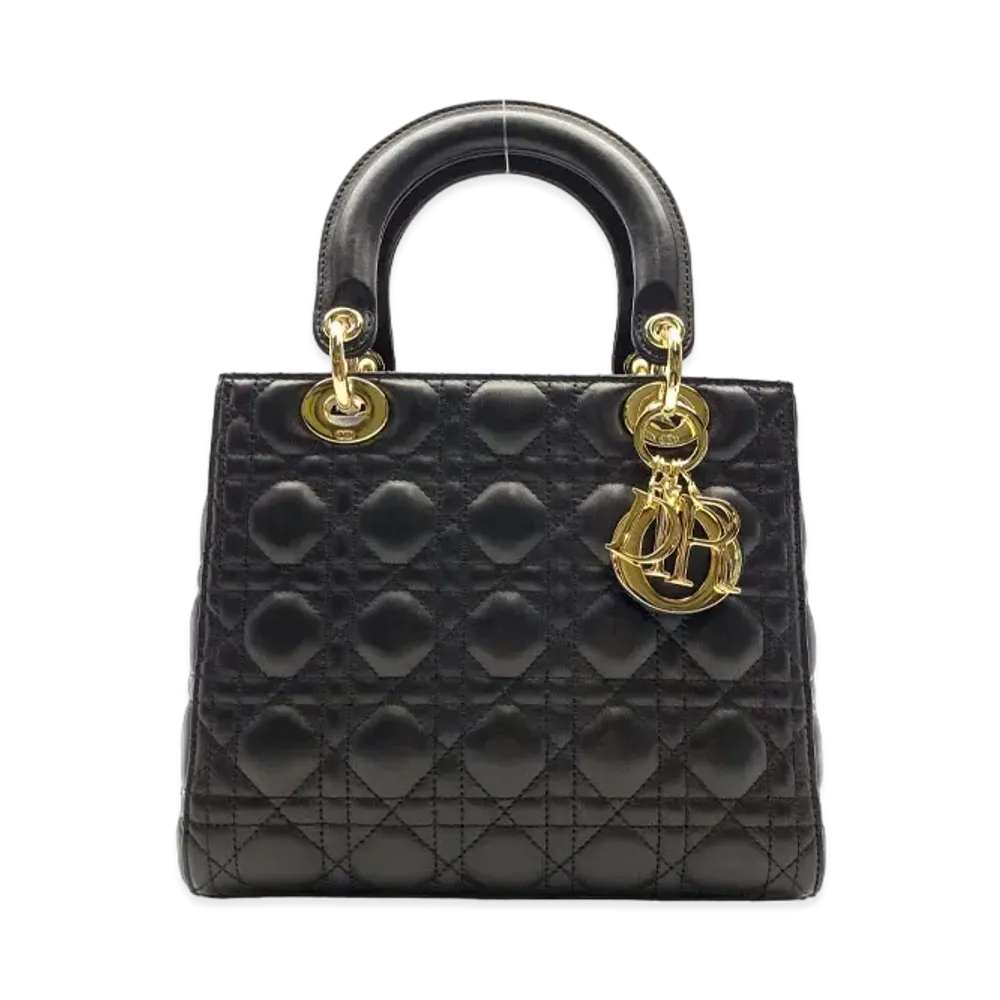 Dior Lady Dior Cannage Medium Rambskin Handle Bag "Black"