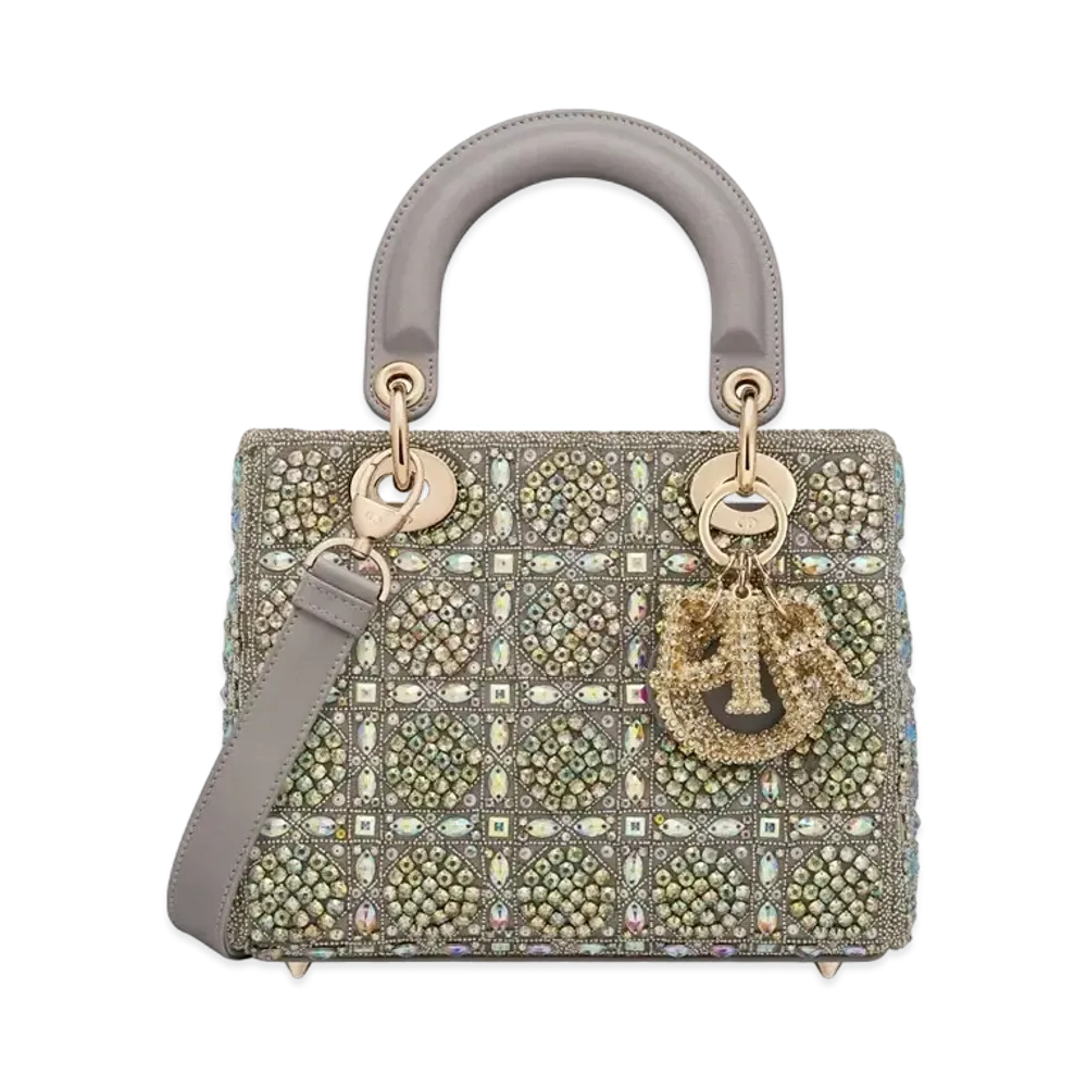 Dior Small Lady Bag Smooth Calfskin Satin Bead Embroidery "Gray"