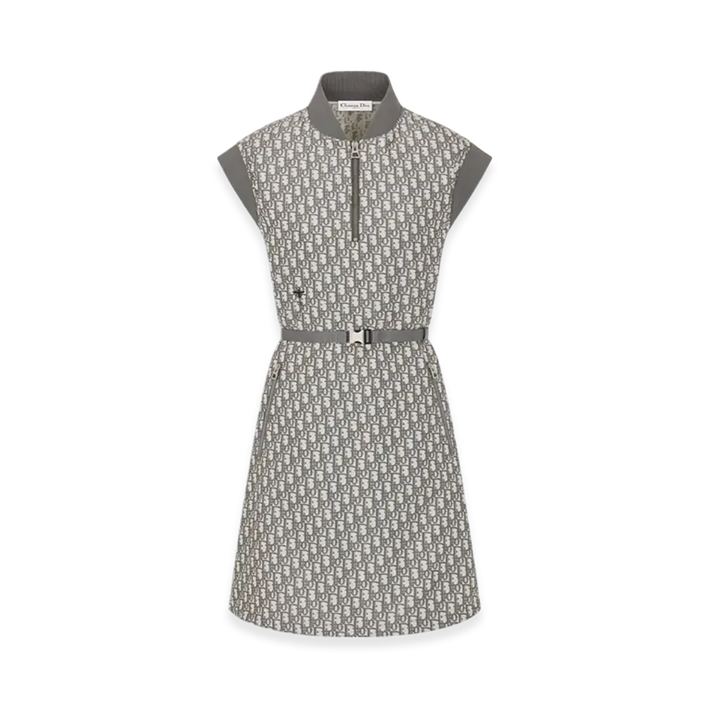 Dior Women's Technical Taffeta Jacquard with Dior Oblique Motif Belted Dress "Gray"