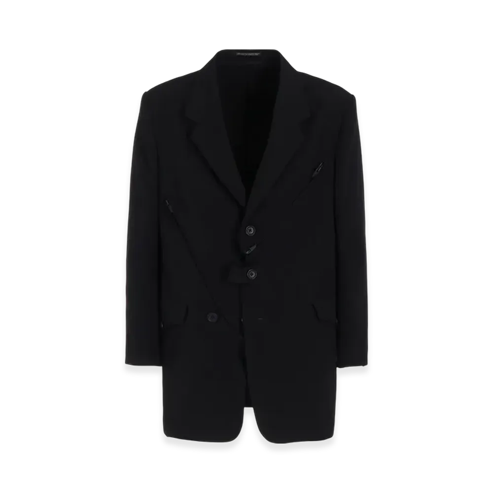 Yohji Yamamoto POUR HOMME Wool Gabardine Zip Detail Paneled Jacket "Black"