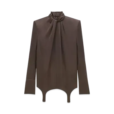 Saint Laurent Women's Twist-Neck Garter Blouse in Silk Satin "Marron"