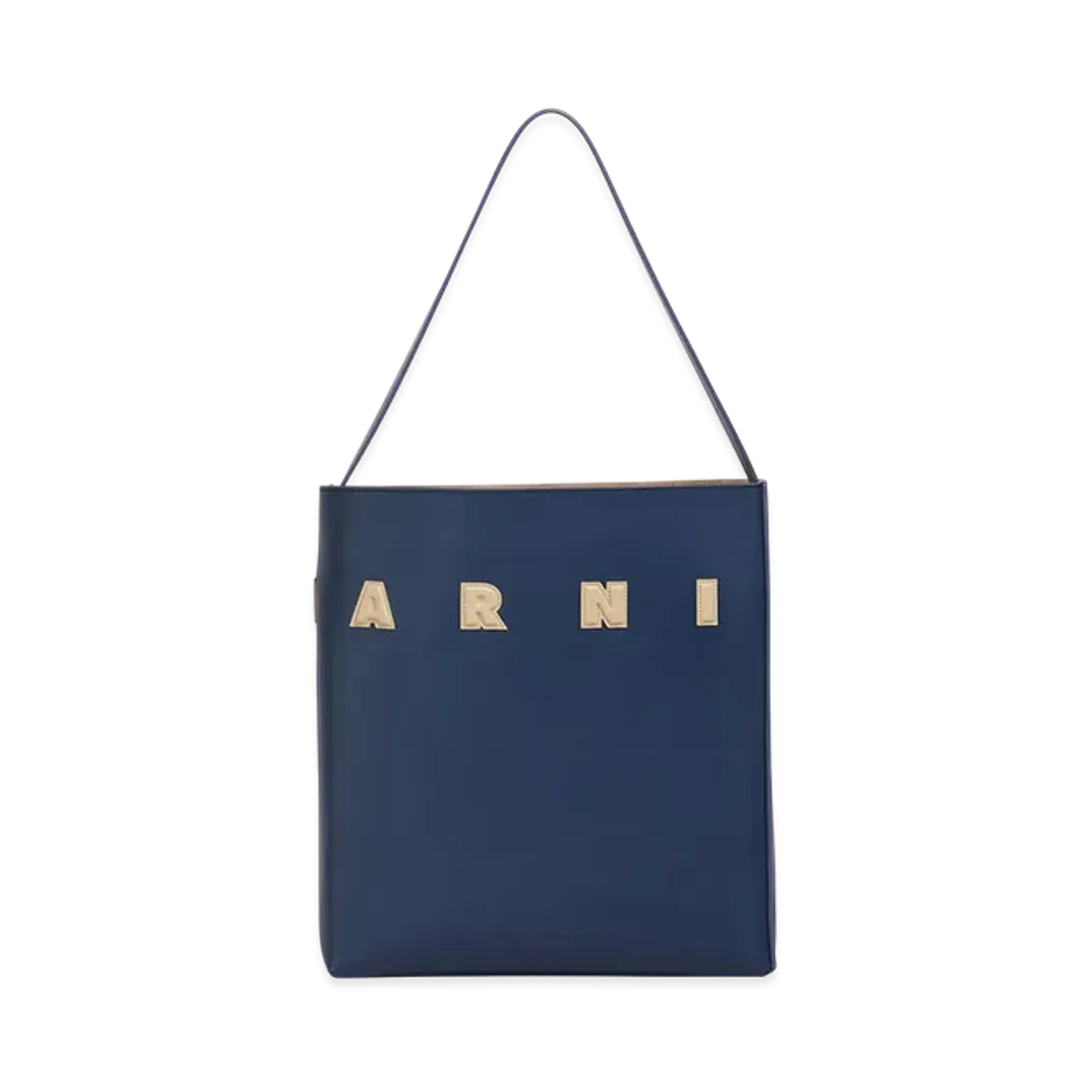 MARNI Museo Medium Hobo Bag in Leather with Patch "Blue China/Winter Wheat"