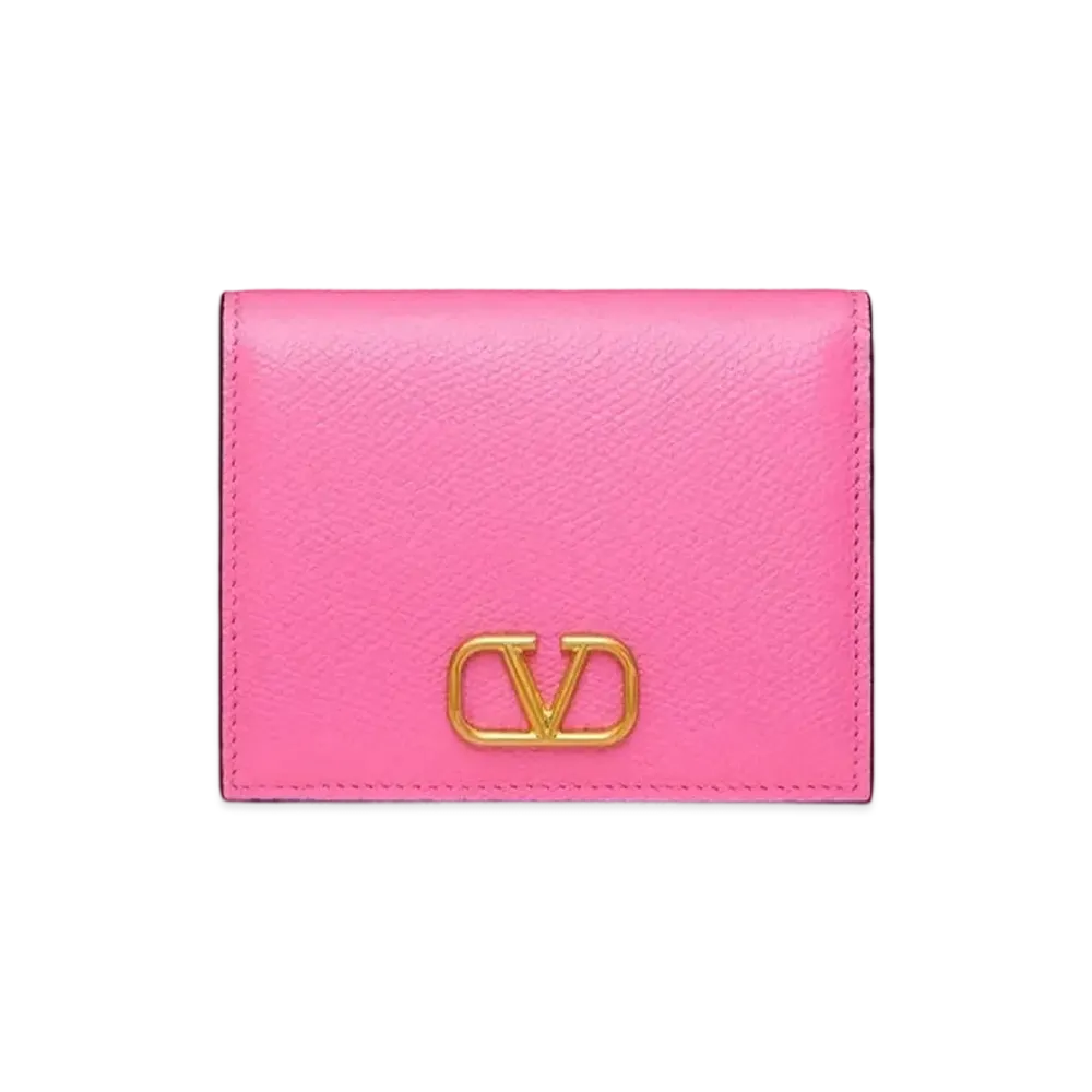 Valentino V Logo Signature Grain Calfskin Compact Wallet "Pink"