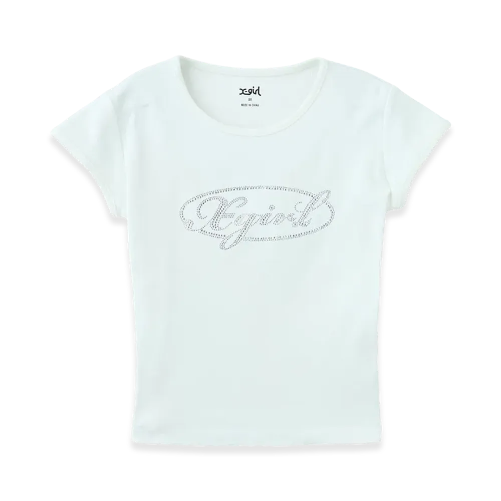 X-Girl Rhinestone Oval Cursive Logo S/S Baby Tee "White"