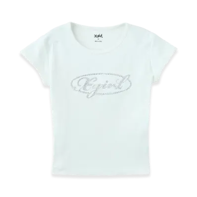 X-Girl Rhinestone Oval Cursive Logo S/S Baby Tee "White"