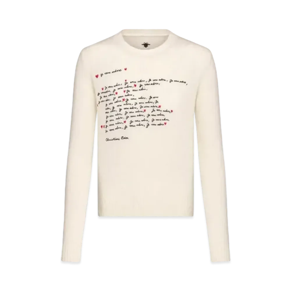 Dior Dioramour Embroidered Sweater Cashmere Knit with Je Vous Adore Motif "White/Black/Red"