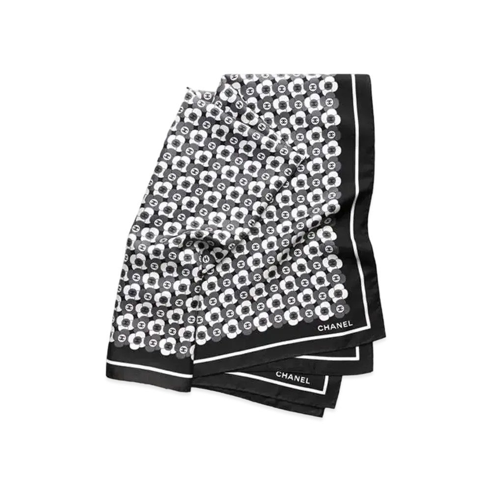 CHANEL Square Scarf Silk Twill "Black/Gray/White"