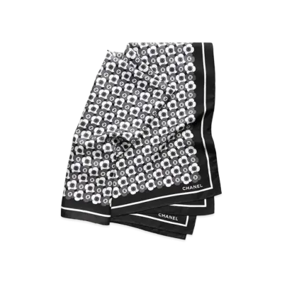 CHANEL Square Scarf Silk Twill "Black/Gray/White"
