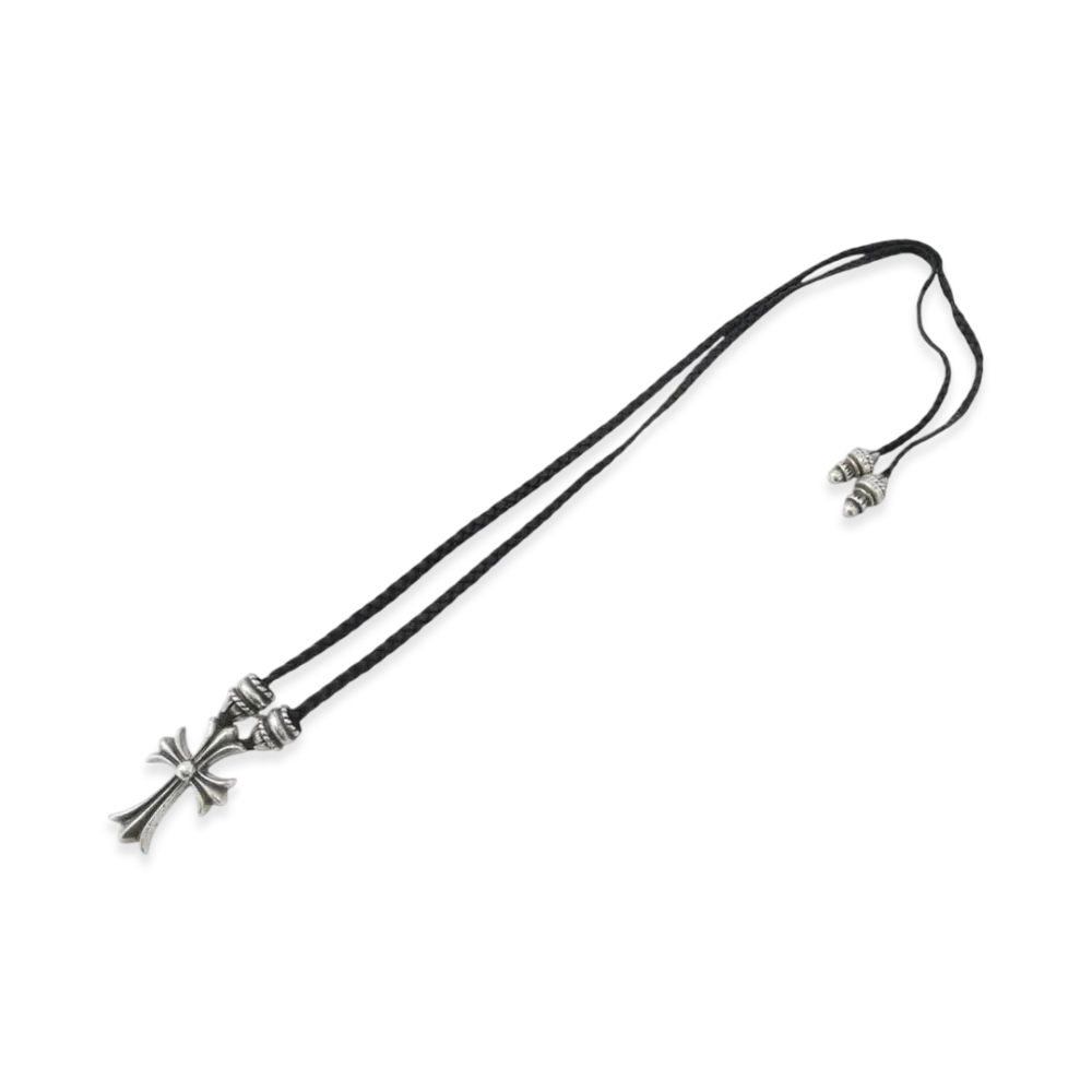 Chrome Hearts CH Cross Small Crimpt Bolo Tip Leather Braid Necklace "Silver"