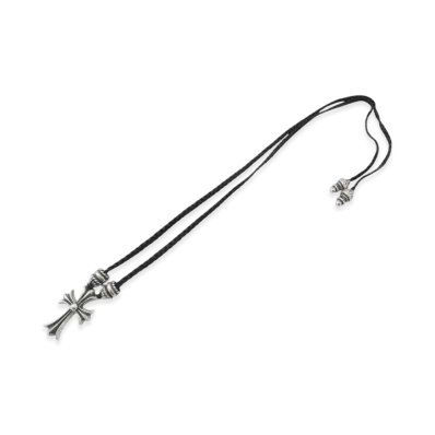 Chrome Hearts CH Cross Small Crimpt Bolo Tip Leather Braid Necklace "Silver"