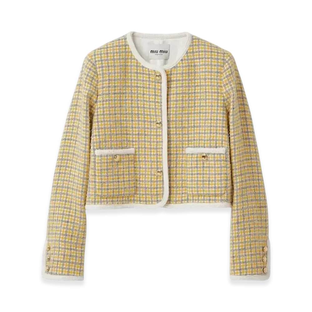 MIU MIU Women's Single Breasted Boucle Jacket "White/Yellow"