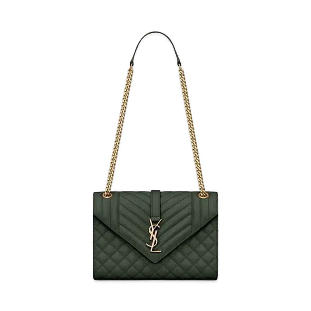 Saint Laurent Envelope Medium Bag In Mix Matelasse Grain De Poudre Embossed Leather "Dark Green"