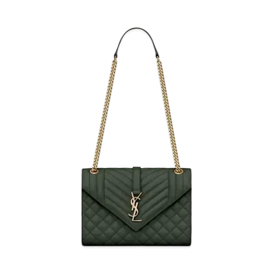 Saint Laurent Envelope Medium Bag In Mix Matelasse Grain De Poudre Embossed Leather "Dark Green"