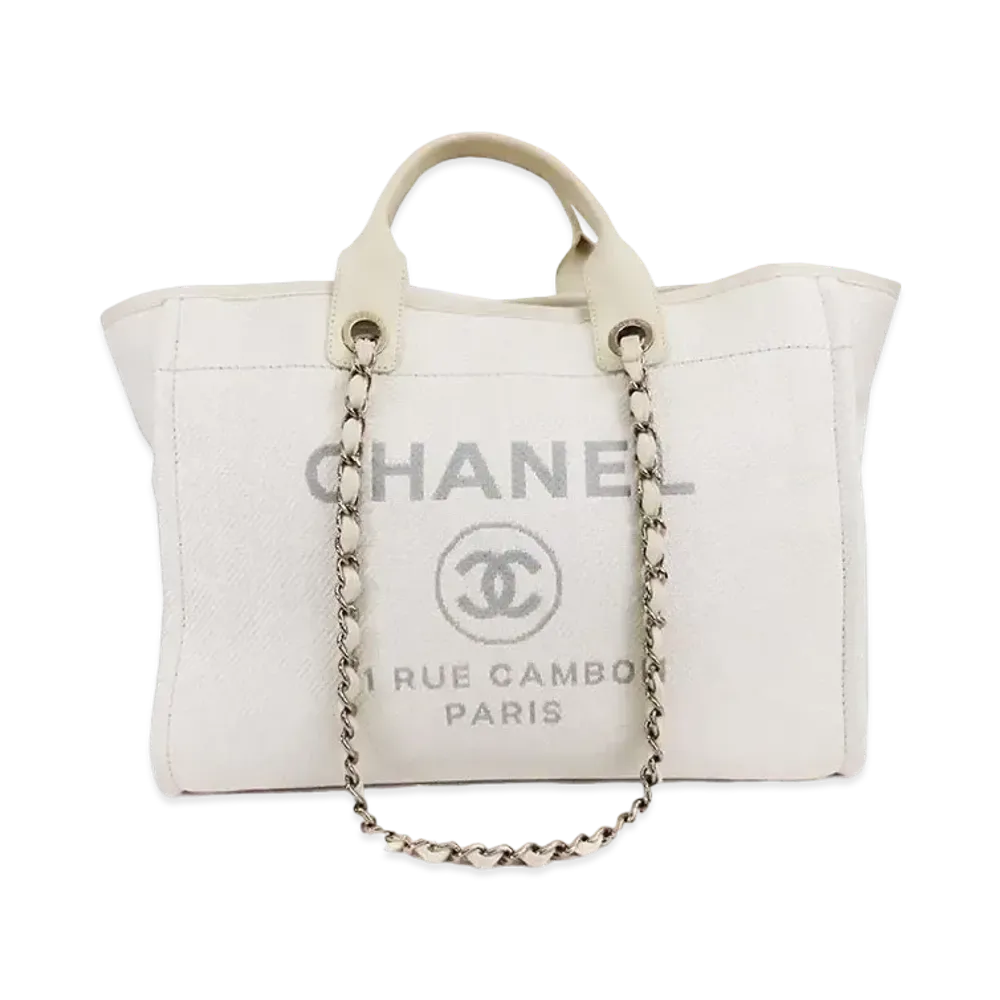 CHANEL Medium Deauville Tote Canvas "White/Gold"